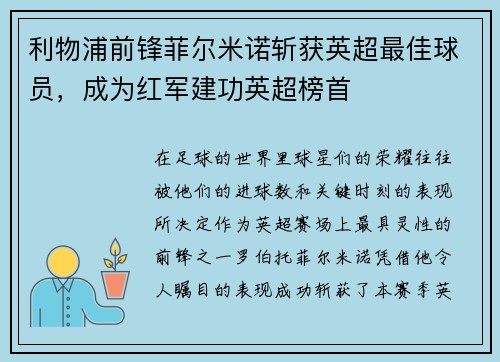 利物浦前锋菲尔米诺斩获英超最佳球员，成为红军建功英超榜首