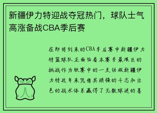新疆伊力特迎战夺冠热门，球队士气高涨备战CBA季后赛