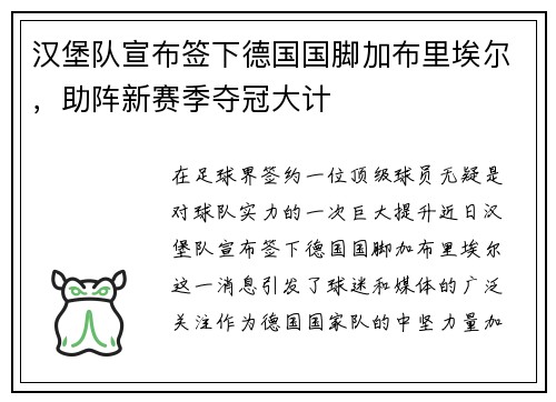 汉堡队宣布签下德国国脚加布里埃尔，助阵新赛季夺冠大计
